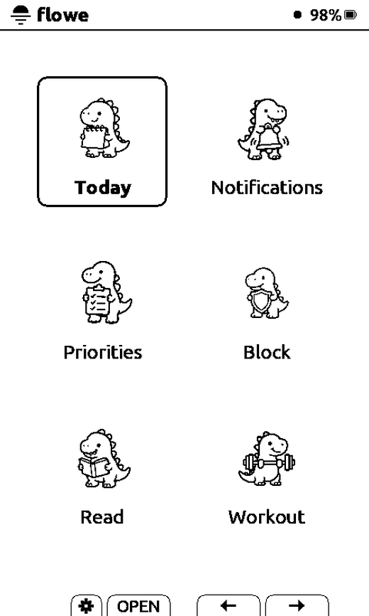 The Flowe home screen with the Dinos icon pack